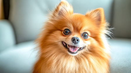 Happy pomeranian dog smiling on the couchの素材