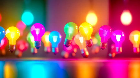 Colorful light bulbs floating representing creative ideasの素材