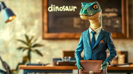 Dinosaur wearing suit standing in office holding briefcaseの素材