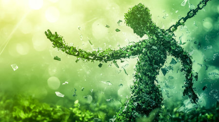 Man made of leaves breaking free from chains in lush forestの素材