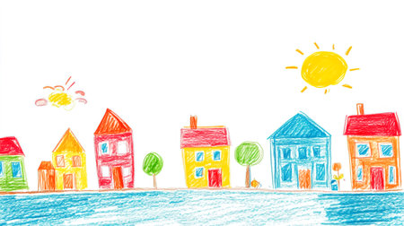 Childs drawing of colorful houses along a riverbankの素材