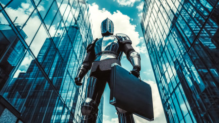 Medieval knight standing with briefcase in financial districtの素材