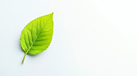Single green leaf lying on white backgroundの素材