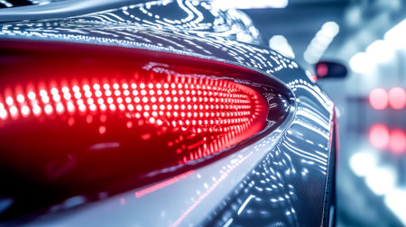 Rear light of modern car glowing in showroomの素材