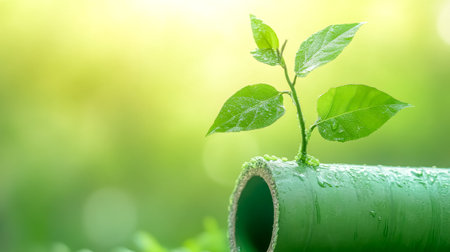 Plant growing from a bamboo section symbolizing sustainabilityの素材
