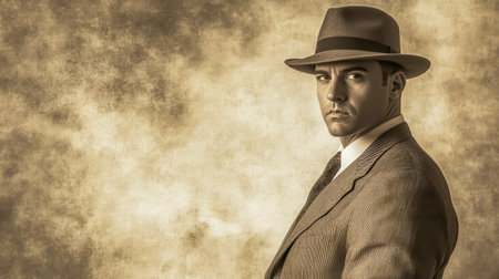 Serious 1940s businessman in suit and hat posing with sepia toned backgroundの素材
