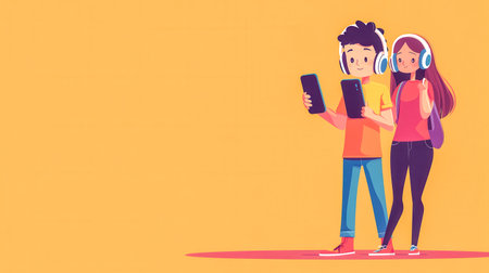 Young students using digital tablet and listening music on headphonesの素材