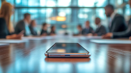 Smartphone lying on table during business meeting in officeの素材