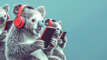 Koalas enjoying music and social media on smartphonesの素材