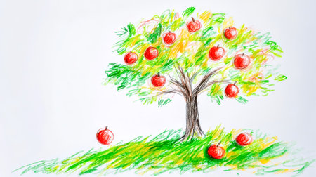 Apple tree drawing with ripe red apples hanging from its branchesの素材