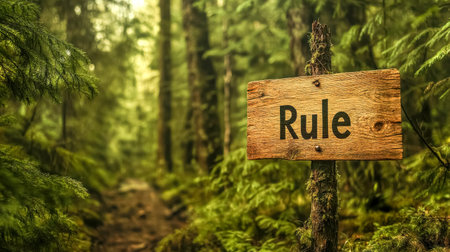 Wooden rule sign standing on a path in a forestの素材