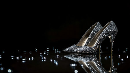 Pair of sparkly high heels reflecting on a black surfaceの素材