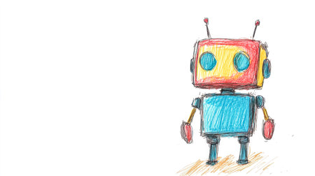 Colorful robot drawing standing on a white backgroundの素材