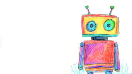 Colorful robot drawing looking at you with white backgroundの素材