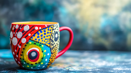 Colorful painted mug standing on tableの素材