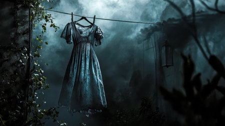 Old dress hanging on clothesline in spooky foggy forestの素材