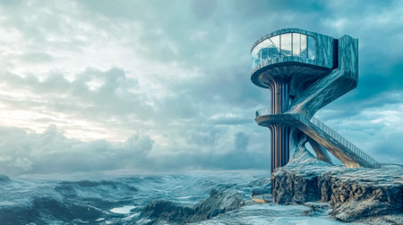Futuristic observation tower overlooking a frozen landscapeの素材