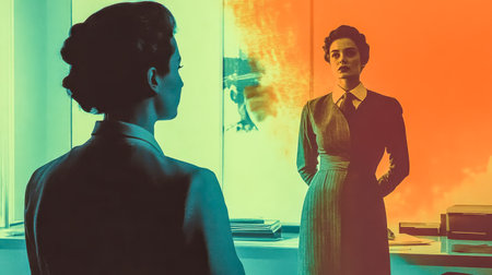 Two businesswomen having conversation in office settingの素材