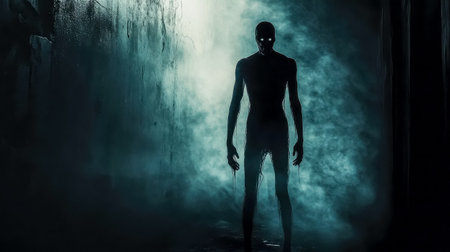 Scary spooky zombie emerging from darkness with glowing eyesの素材