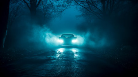 Car driving on a foggy road at night in the forestの素材