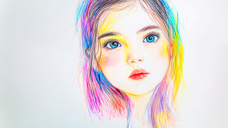 Portrait of girl with colorful hair drawingの素材