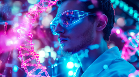 Scientist wearing safety glasses analyzing dna structure in futuristic laboratoryの素材