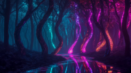 Glowing river flowing through a neon forest at nightの素材
