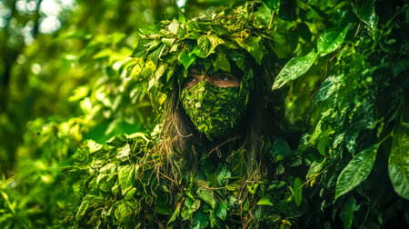 Soldier wearing camouflage uniform hiding in forest waiting to ambush enemyの素材