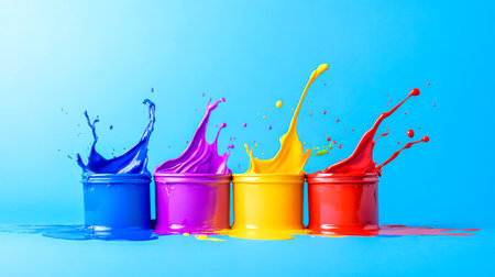 Colorful paint splashing from buckets on blue backgroundの素材