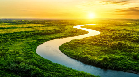 Serene river meandering through lush green landscape at sunsetの素材