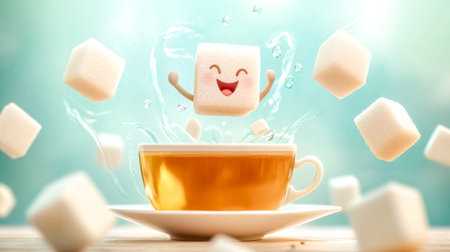Sugar cubes falling into cup of tea with splashing waterの素材