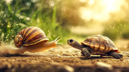 Snail racing a turtle on a sunny dayの素材