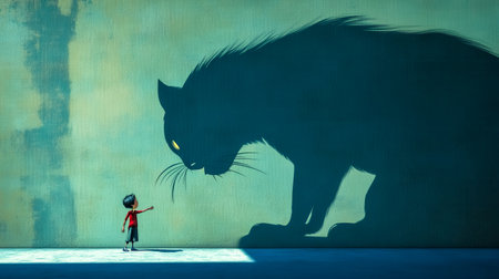 Child facing giant cat shadow on the wallの素材