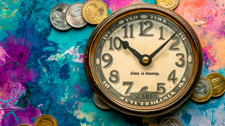 Clock face showing time is money surrounded by coins on colorful backgroundの素材