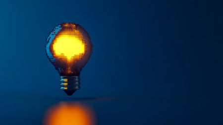 Pixelated light bulb shining on blue background representing ideasの素材