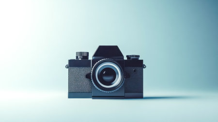 Black vintage photo camera standing on blue backgroundの素材