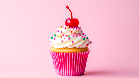 Delicious cupcake with sprinkles and cherry on pink backgroundの素材