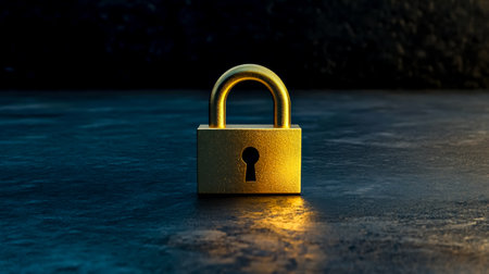 Golden padlock resting on dark surface symbolizing securityの素材