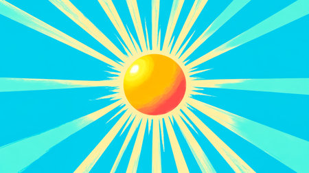 Bright yellow sun shining on a blue sky backgroundの素材