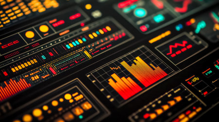 Digital interface showing colorful graphs and charts on black backgroundの素材