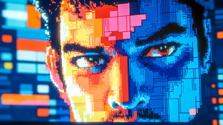 Programmer working with artificial intelligence showing emotions on digital screenの素材