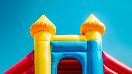 Colorful inflatable bouncy castle standing tall against blue skyの素材