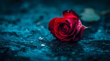 Single red rose lying on blue glitter texture backgroundの素材