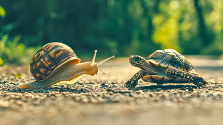 Snail and tortoise racing on rural road representing speed and slownessの素材