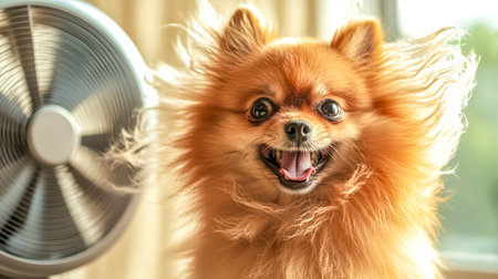 Cute dog enjoying fresh air from fan on summer dayの素材