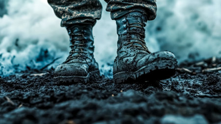 Soldier walking through mud in combat bootsの素材