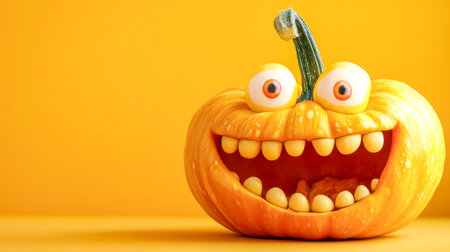 Halloween pumpkin smiling with big eyes on orange backgroundの素材