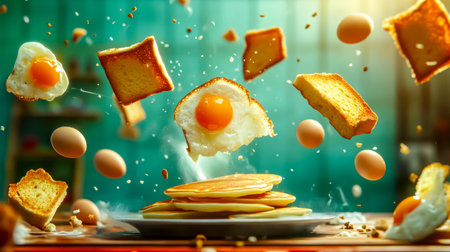 Delicious pancakes, toast, and fried eggs flying through the airの素材
