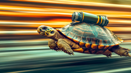 Turtle with jetpack flying fast through the airの素材