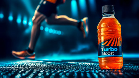 Athlete running past energy drink bottle on wet surface at nightの素材